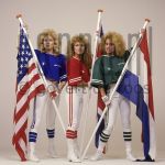 04-04-1985 Star Sisters, Patricia Paay, Yvonne Keeley and Ingrid Ferdinandusse at studio in Amsterdam.

[keywords]Posed, Full Length, Eyecontact, American Football, Flag, Singers[/keywords]